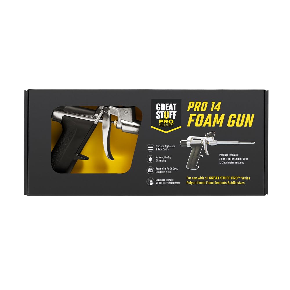 Great Stuff Pro front view of silver dispensing gun showing overall shape and ease of grip
