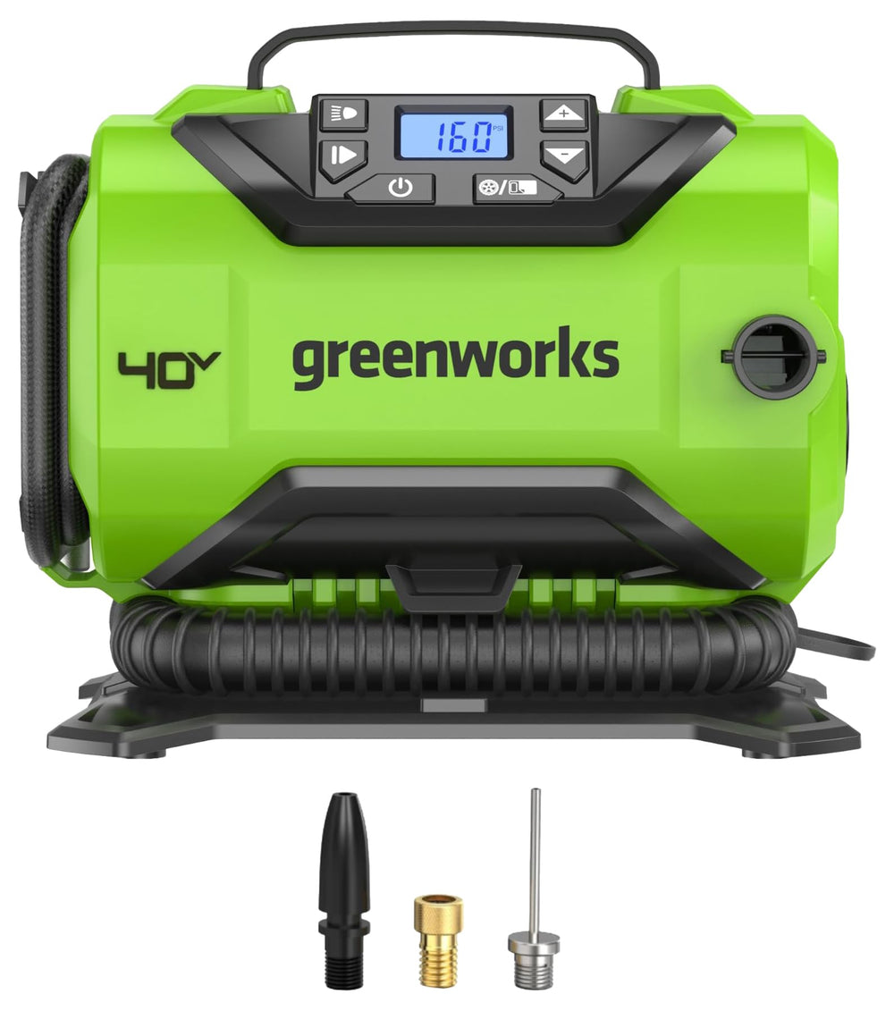 Greenworks inflator front view showing compact design and easy handling