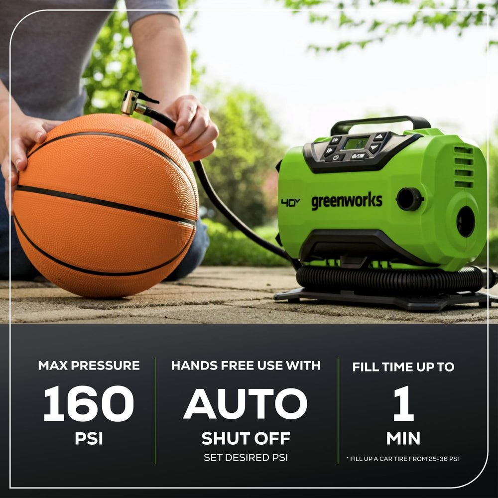 Greenworks inflator LED light illuminating tire for safer night use