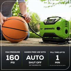 Greenworks inflator LED light illuminating tire for safer night use