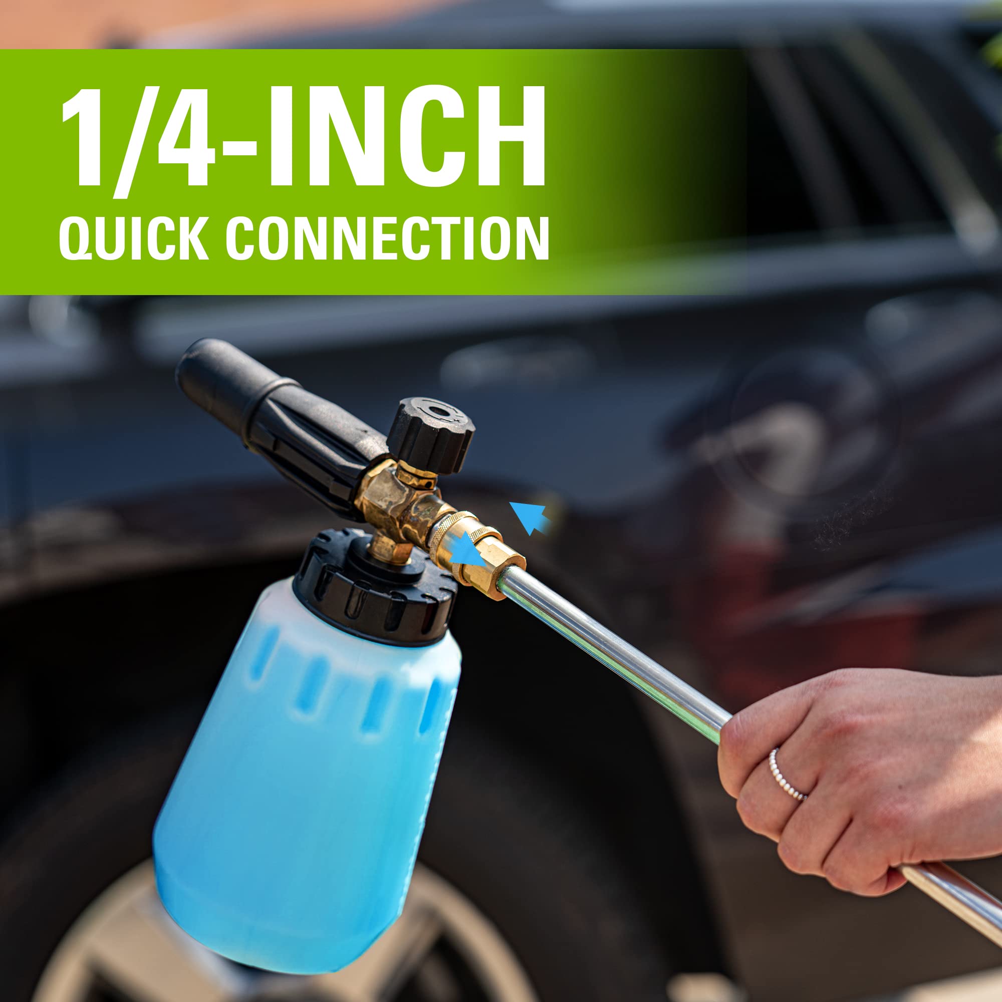 Greenworks cannon attached to pressure-washer wand for quick setup benefit