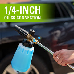 Greenworks cannon attached to pressure-washer wand for quick setup benefit