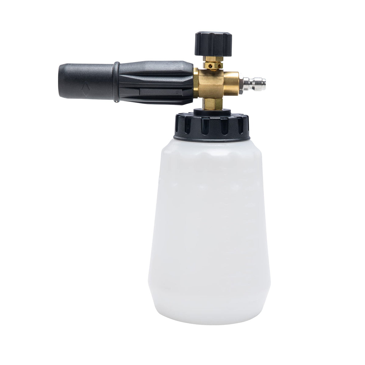 Greenworks foam cannon front view showing compact design and easy connection benefit