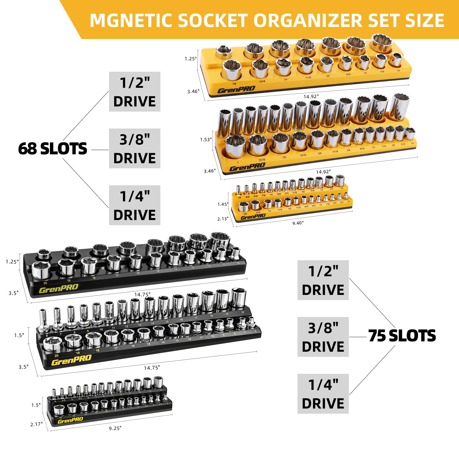GRENPRO metric trays loaded with sockets for quick metric selection