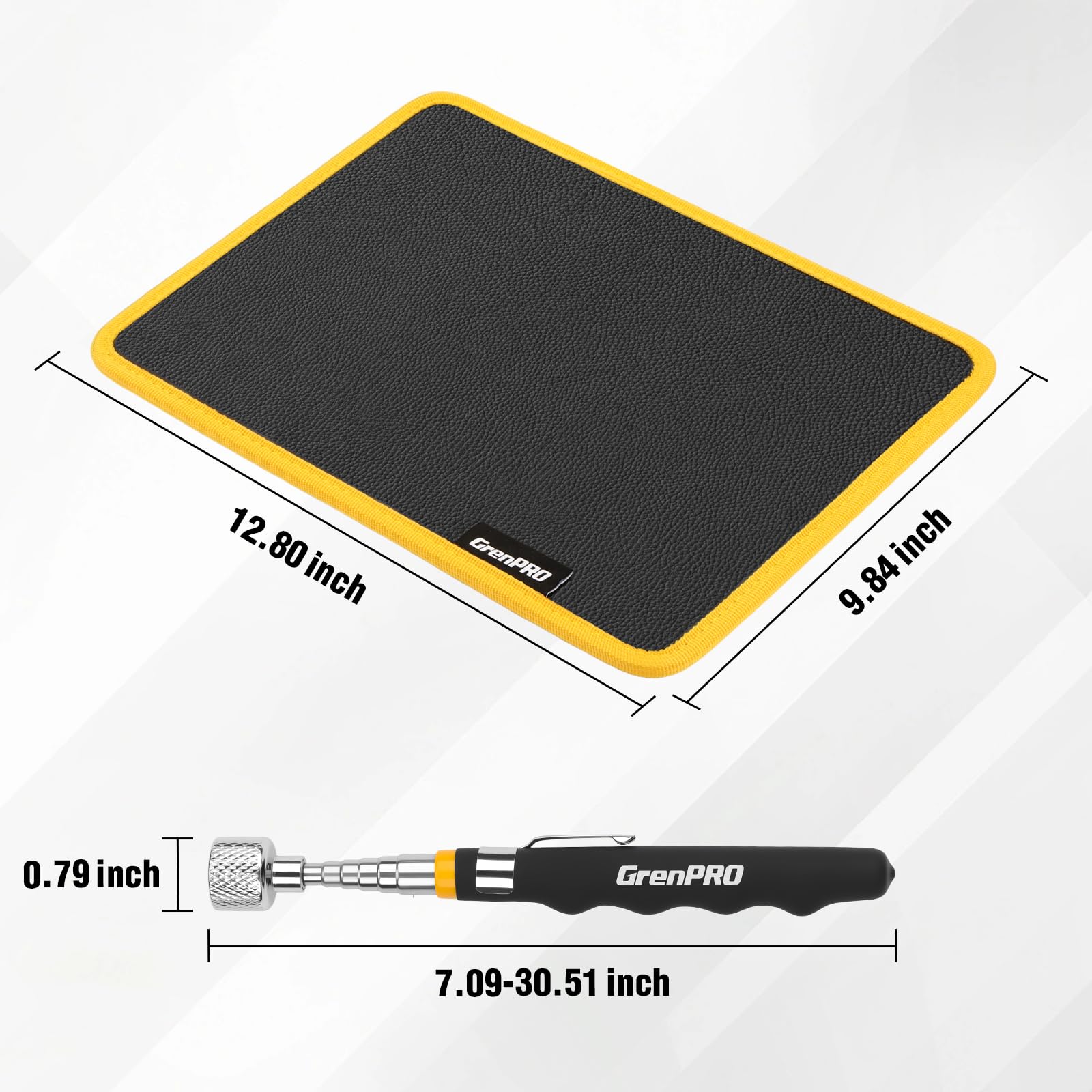 GRENPRO telescoping pickup tool extended in engine bay retrieving a dropped bolt