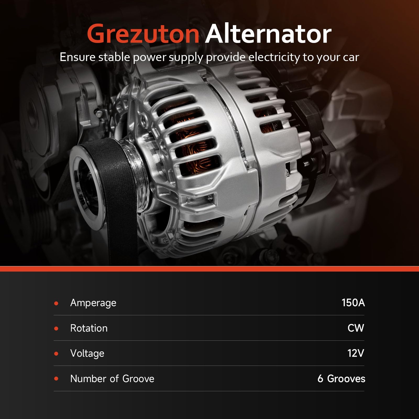 Grezuton alternator rear terminal detail showing connectors and clear electrical access benefit