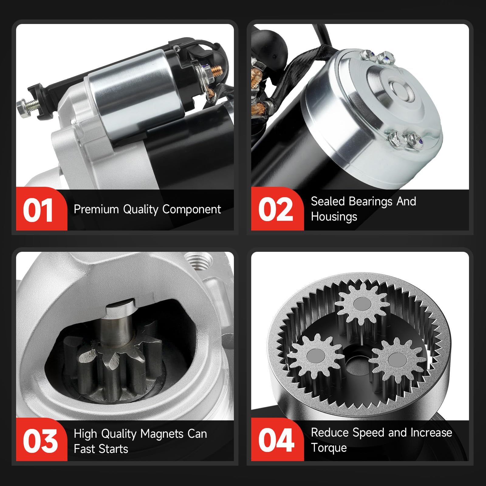 Grezuton starter installed in engine bay demonstrating direct-fit replacement