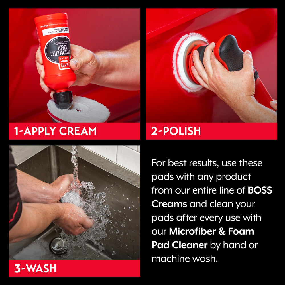 Griot's Garage pad attached to orbital polisher demonstrating controlled correction