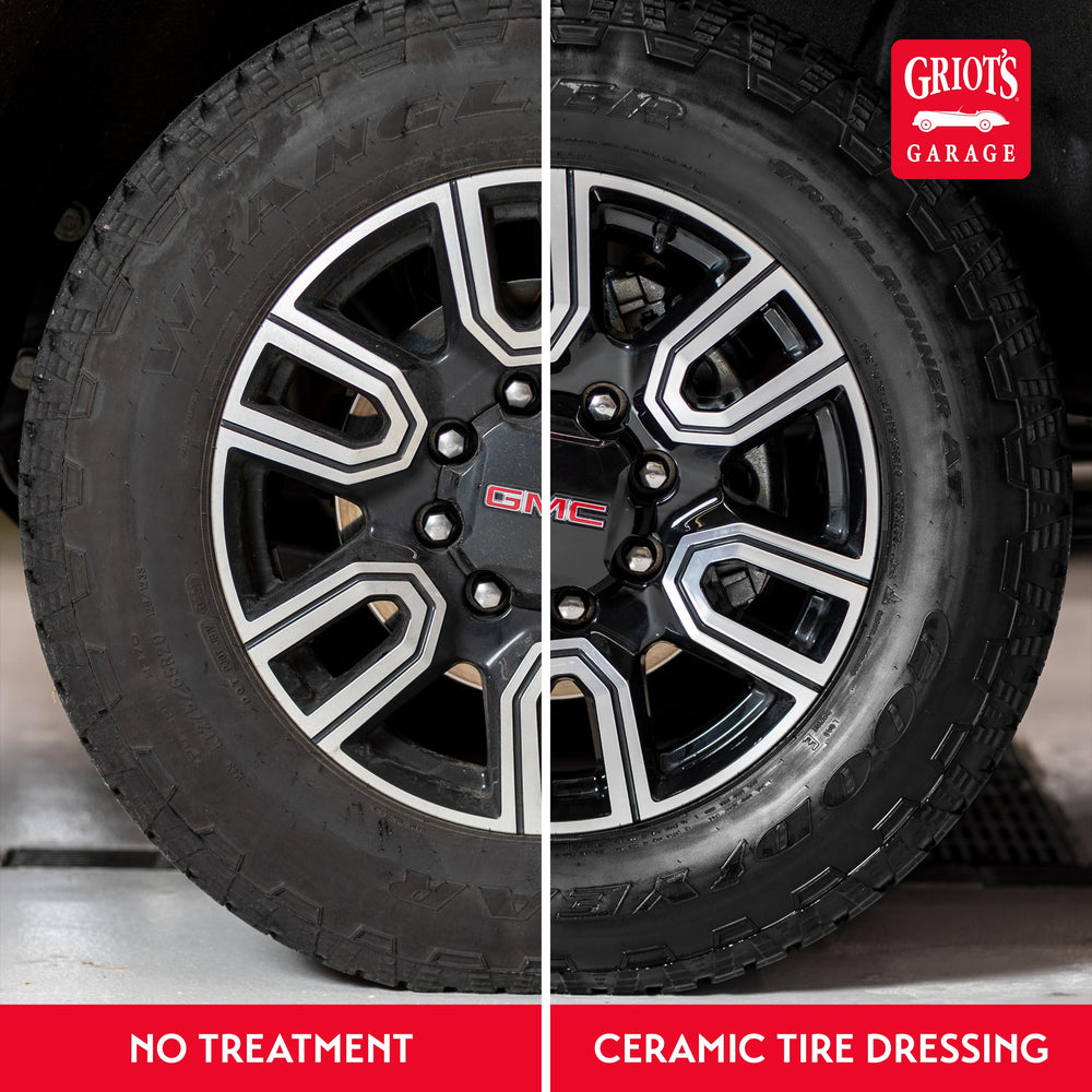 Griot's Garage before-and-after tire and trim comparison showing restored deep black color