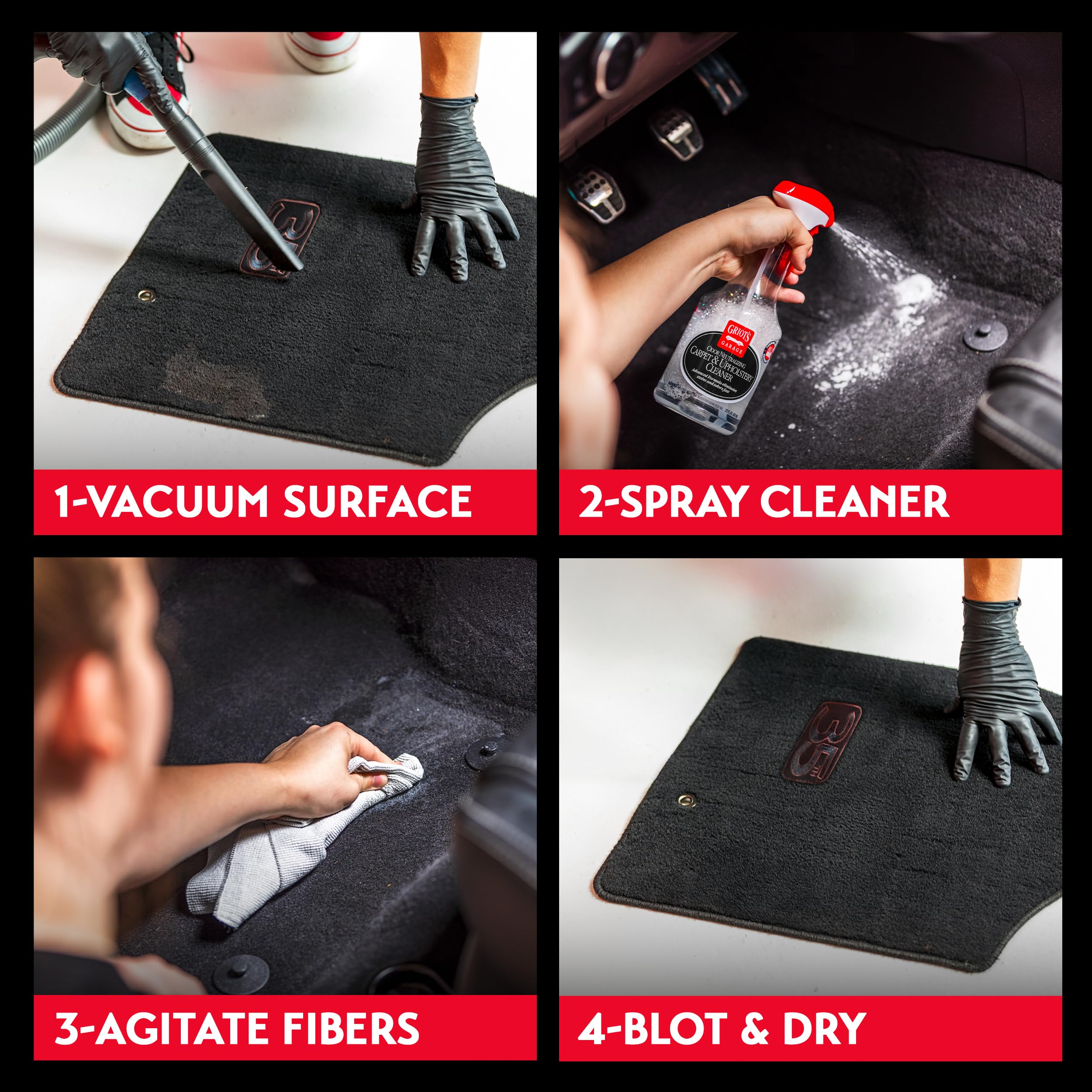 Griot's Garage cleaning microfiber seat with brush, restoring fabric texture