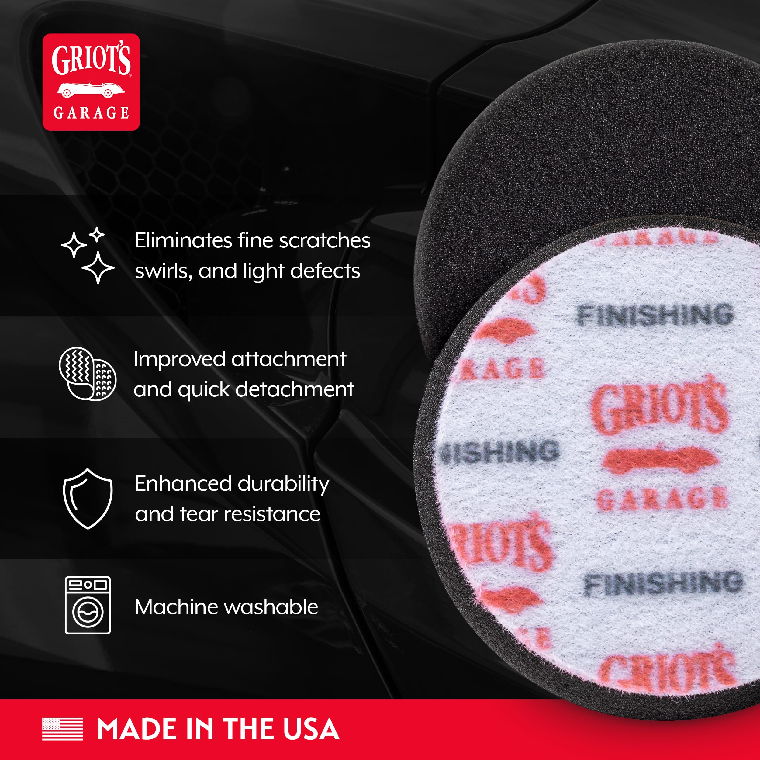 Griot's Garage backing detail showing micro hook-and-loop for secure attachment and fast changes