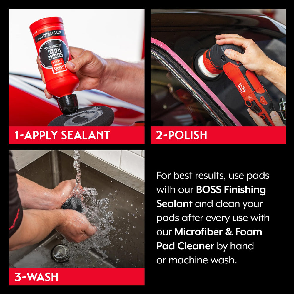 Griot's Garage pad mounted on orbital polisher demonstrating smooth finishing action and consistent gloss