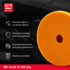 Griot's Garage pad attached to orbital polisher demonstrating secure hook-and-loop fit