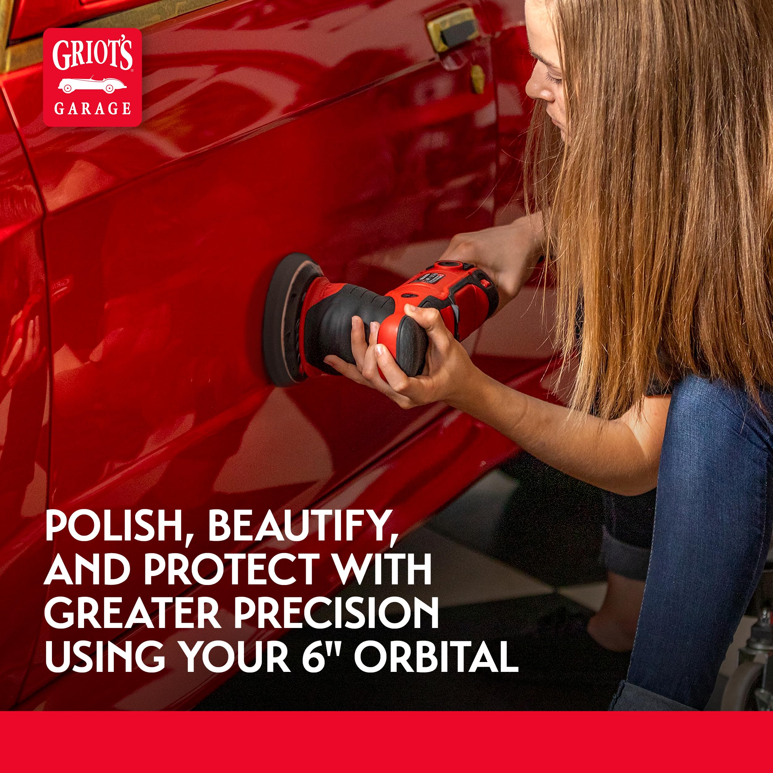 Griot's Garage red wax pad in use on car panel for even product application