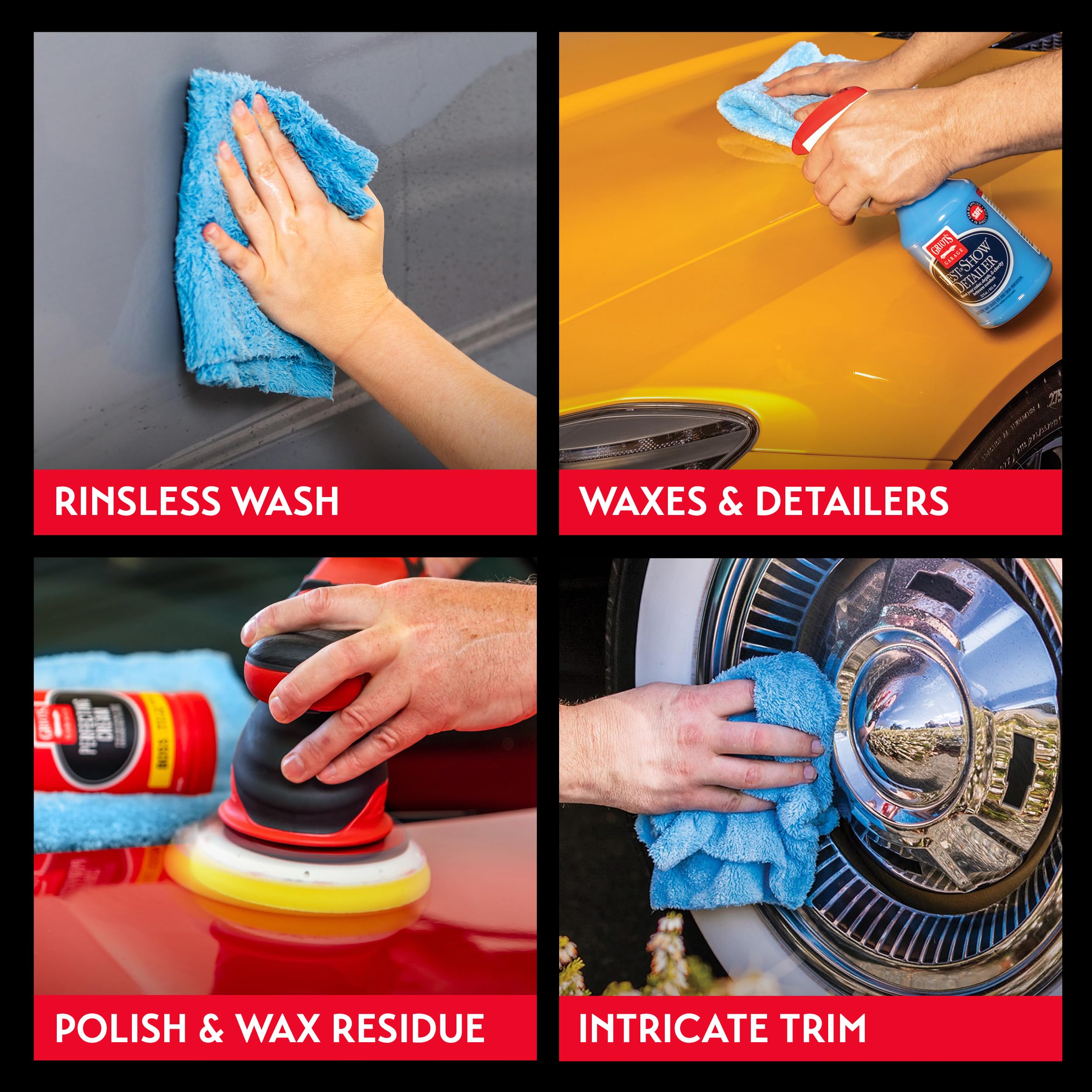 Griot's Garage towel held in hand showing 16x16 size and control