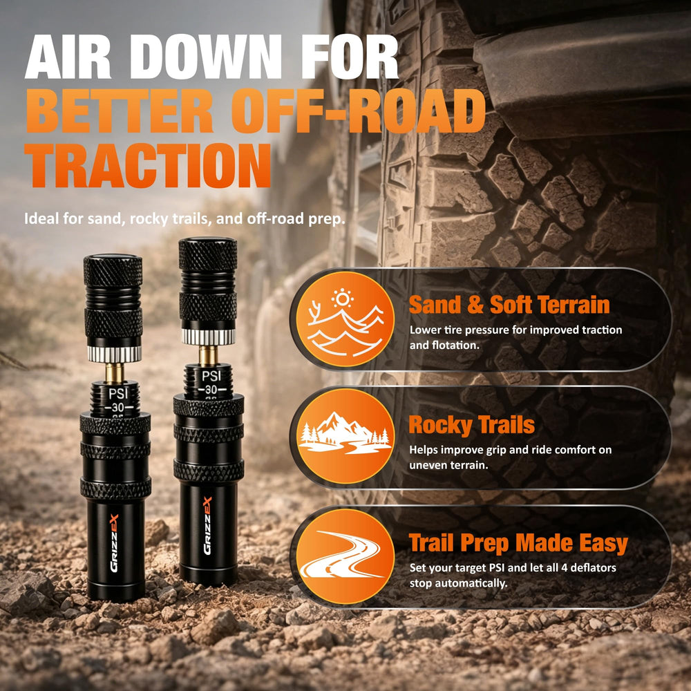 GRIZZEX deflators mounted on tire valves demonstrating simultaneous air-down convenience