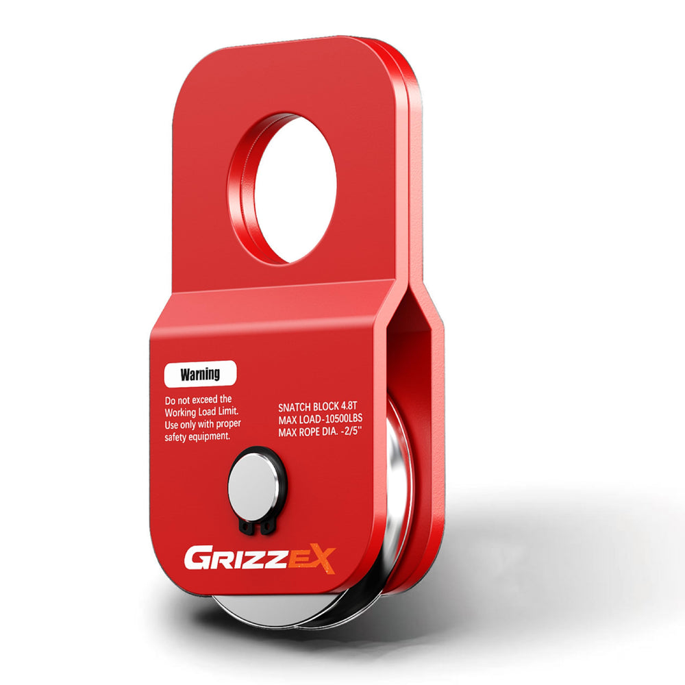 GRIZZEX front view of snatch block showing robust body and eye for secure anchoring