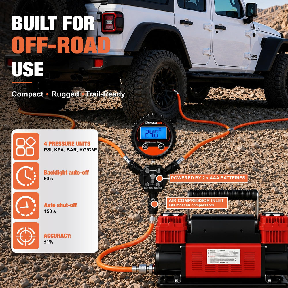 GRIZZEX in use on Jeep front tire enabling fast simultaneous inflation