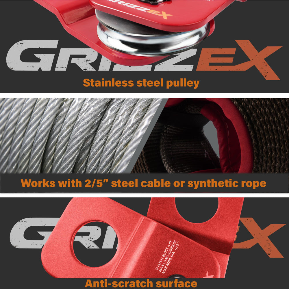 GRIZZEX snatch block installed on a recovery line illustrating safe redirection