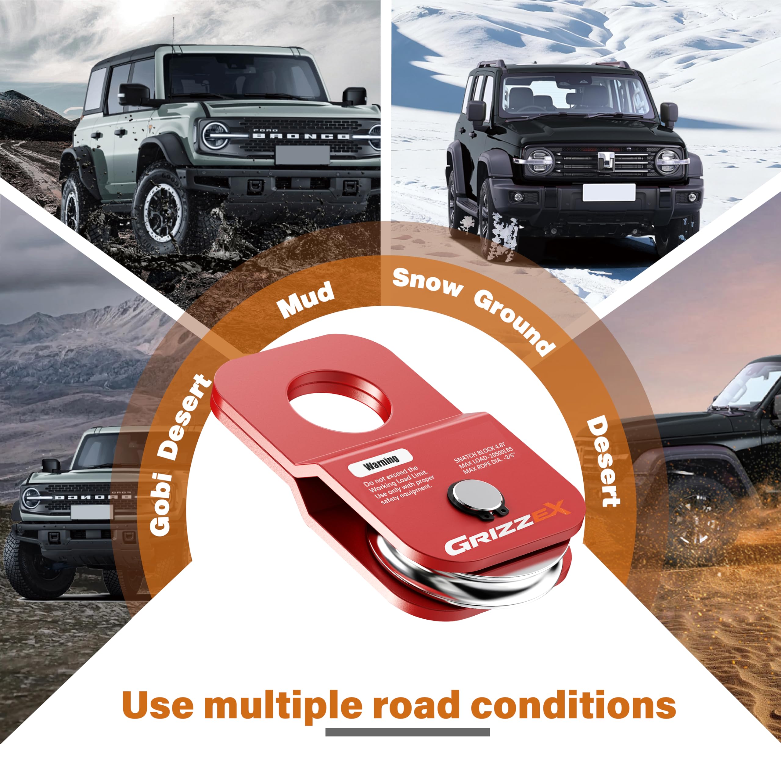 GRIZZEX snatch block in off-road recovery scene aiding vehicle extraction