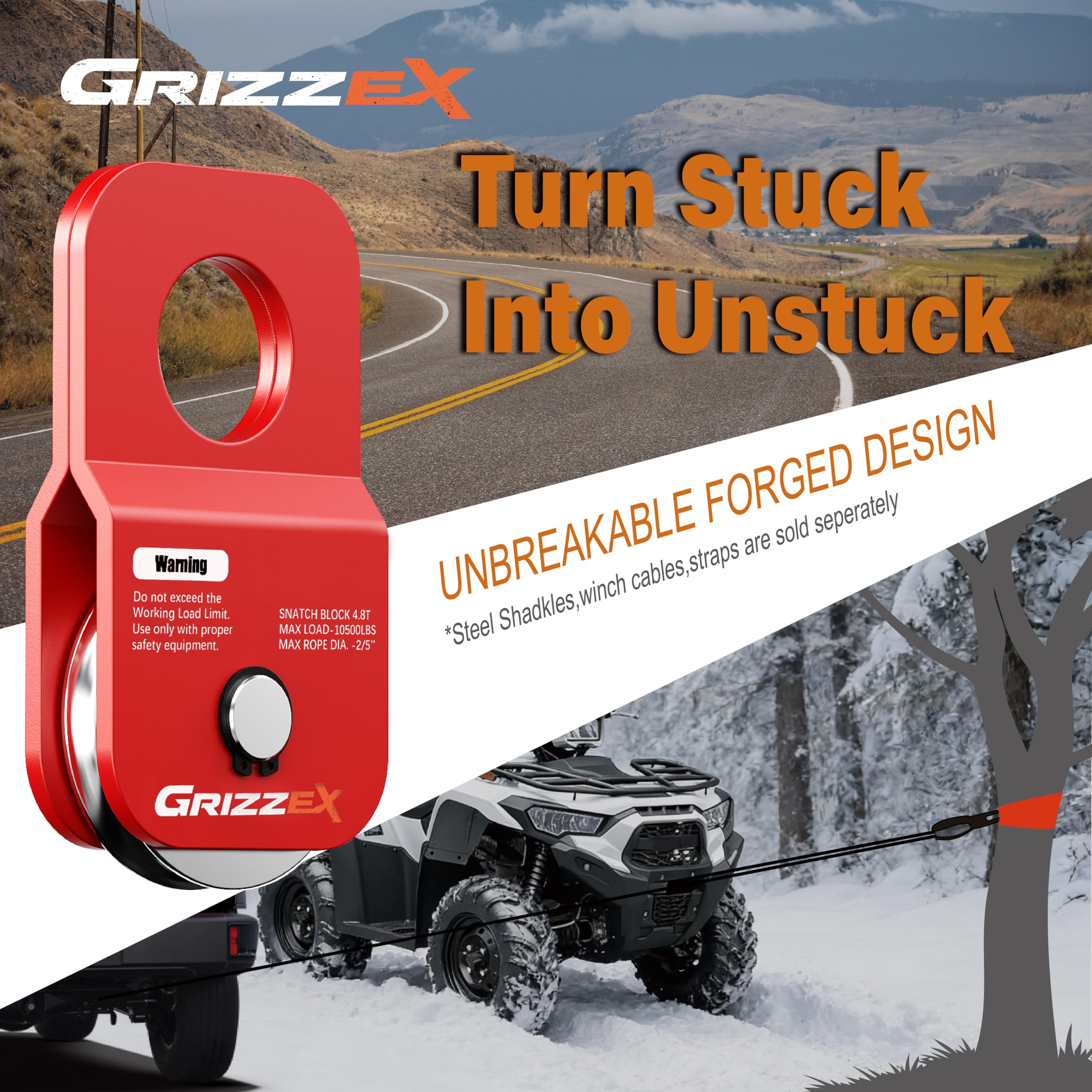 GRIZZEX shackle attachment point highlighting compatibility with D-ring and soft shackles