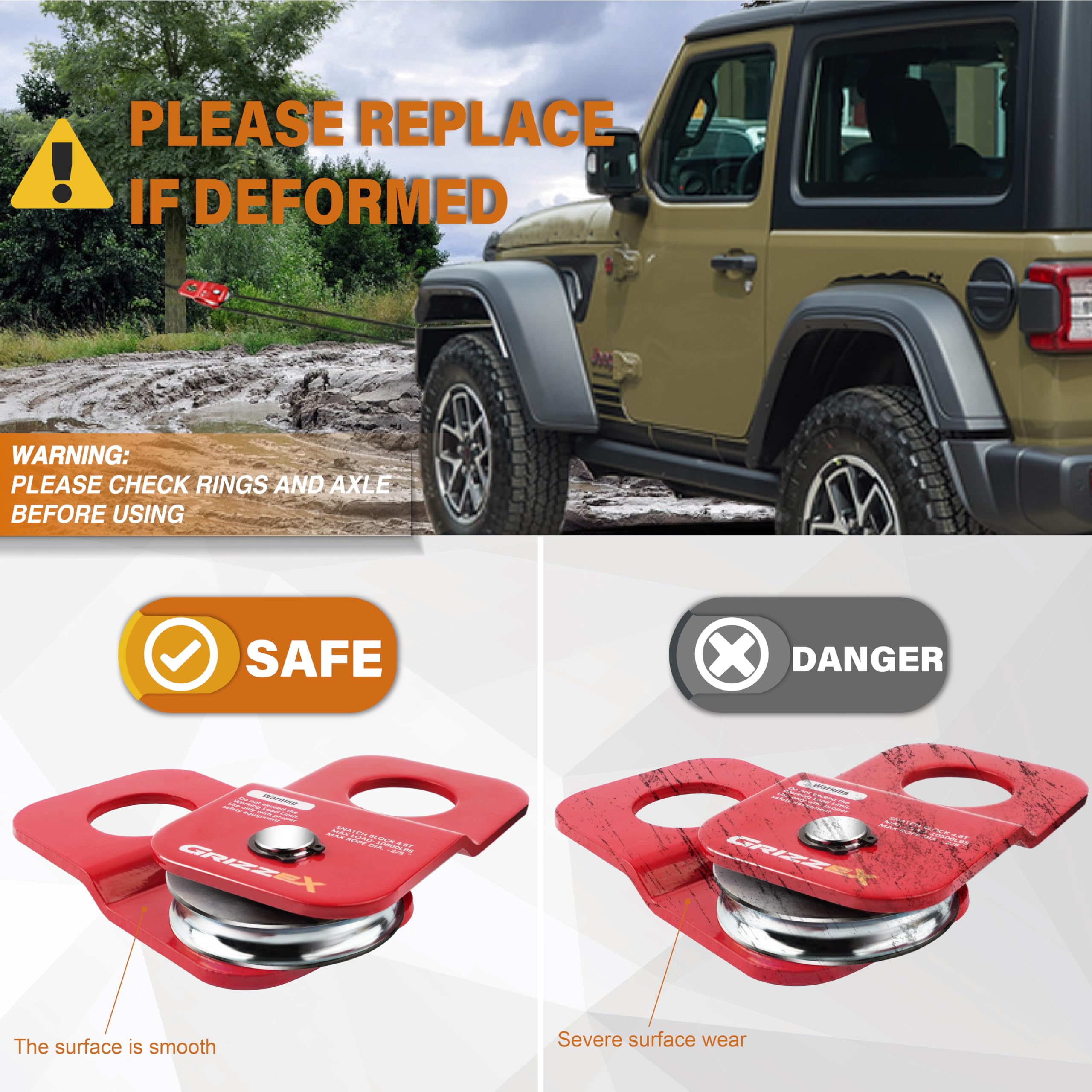 GRIZZEX snatch block held in hand showing scale and compact, portable design