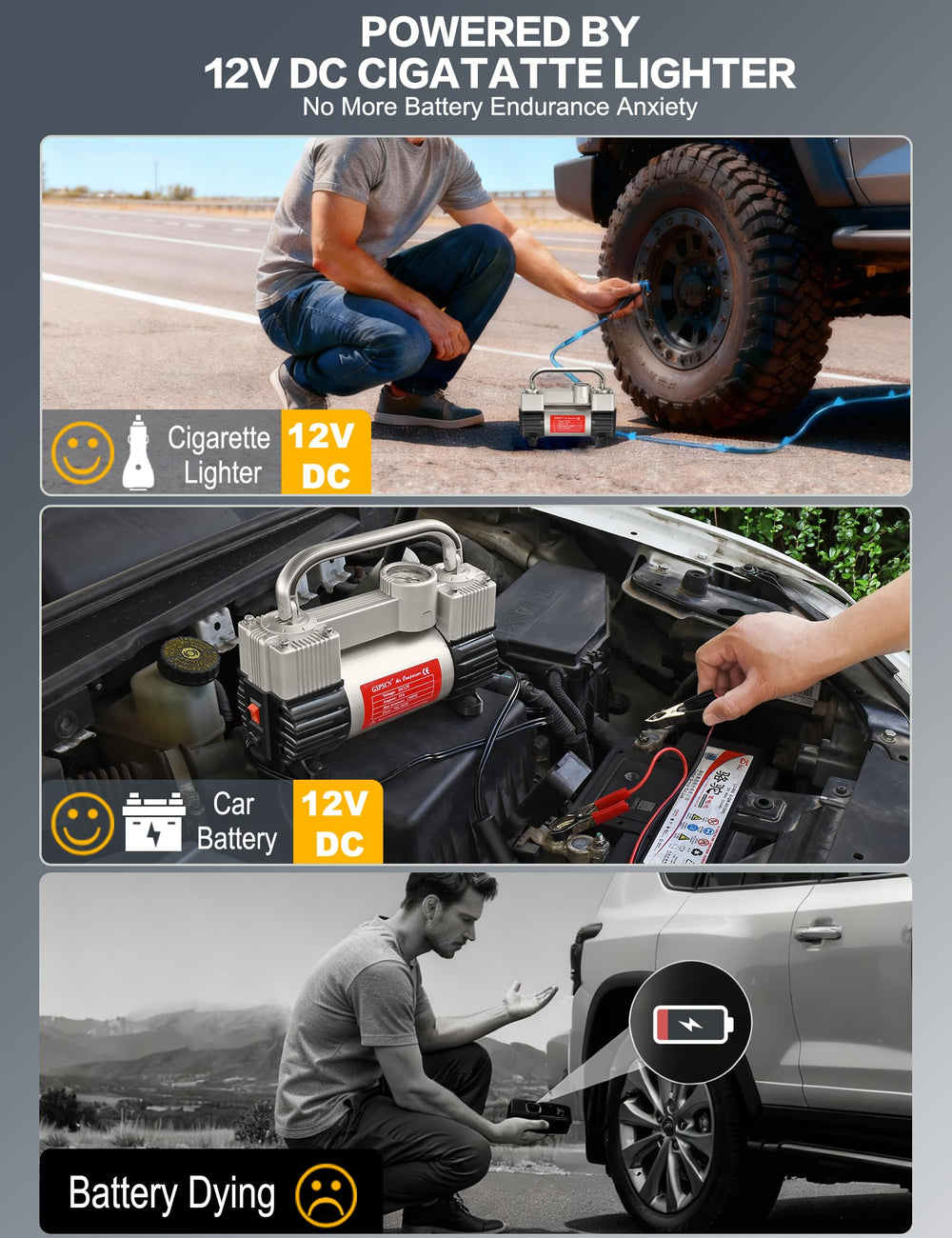 GSPSCN inflator connected to SUV tire showing fast inflation on the roadside