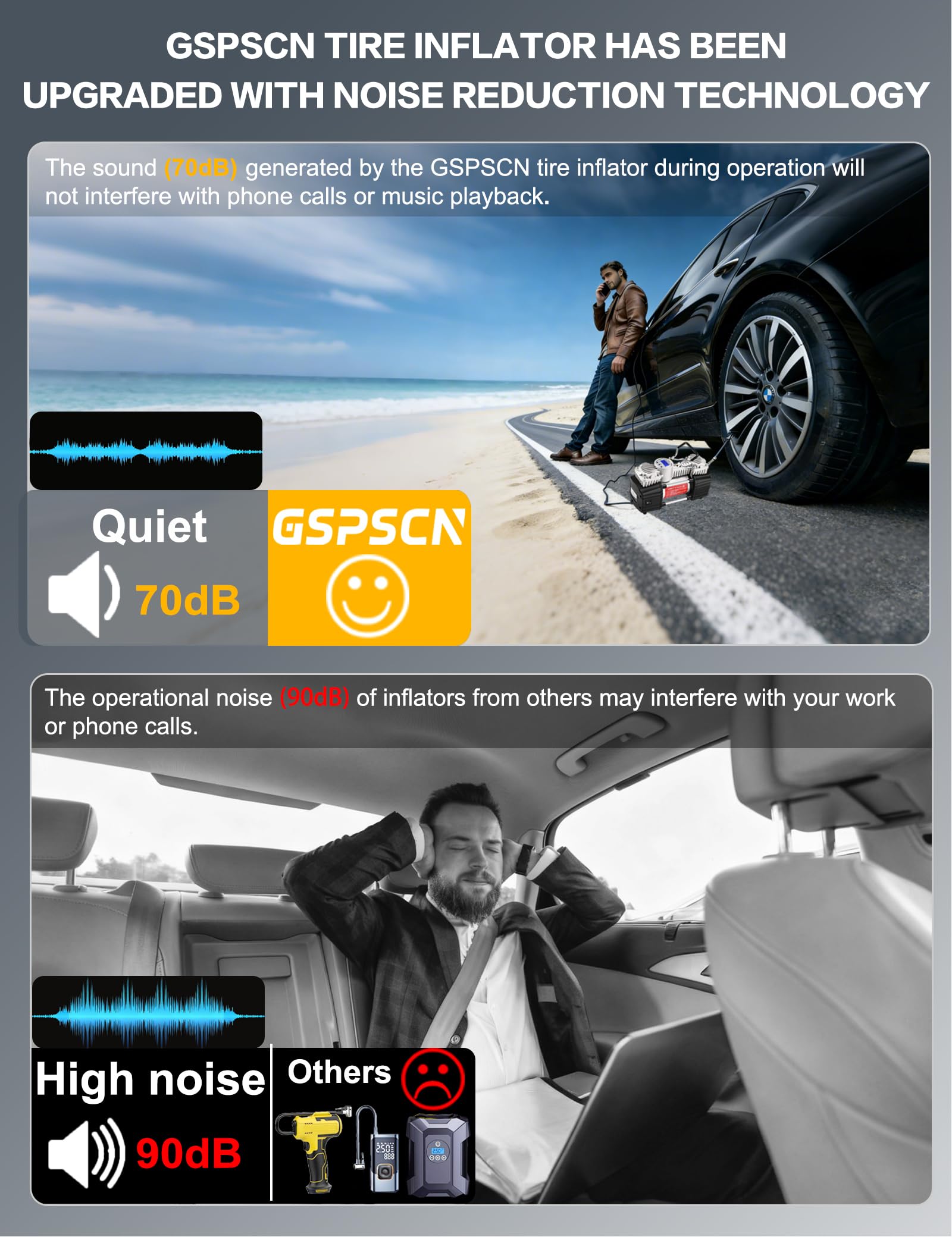 GSPSCN lifestyle view inflating a tire roadside demonstrating fast emergency use