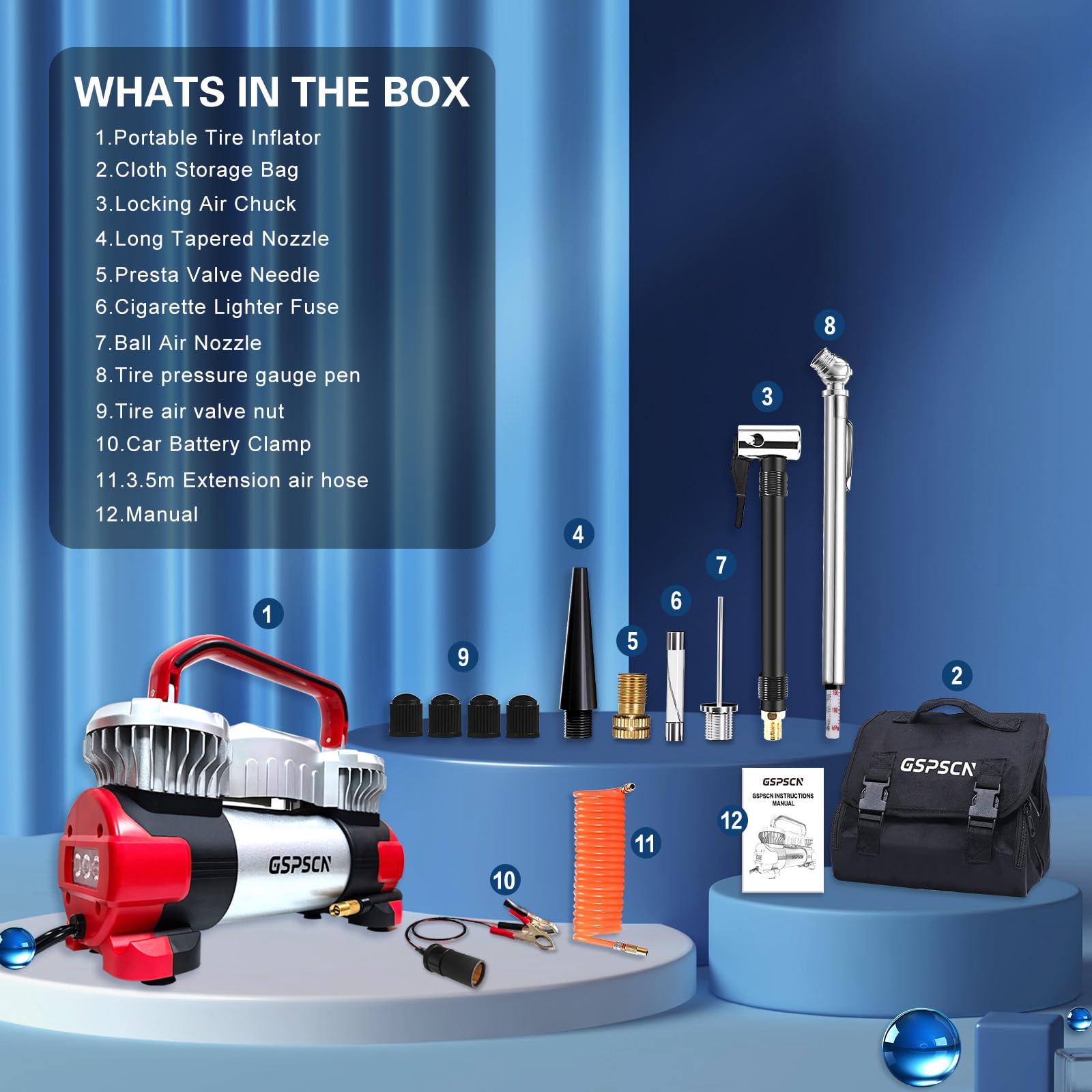 GSPSCN storage bag with inflator and accessories for compact transport