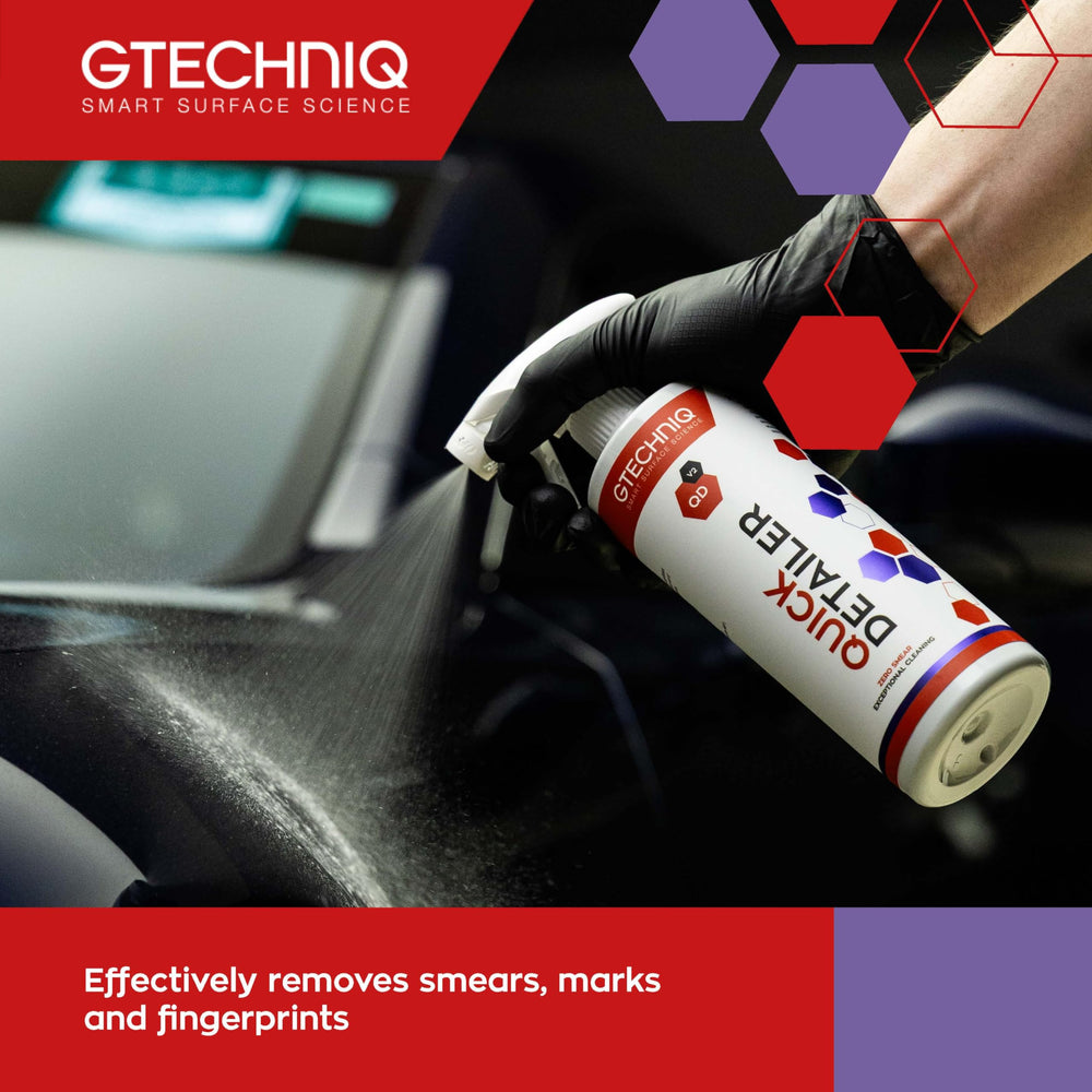 Gtechniq spray in use on car panel delivering fast cleaning and streak-free finish