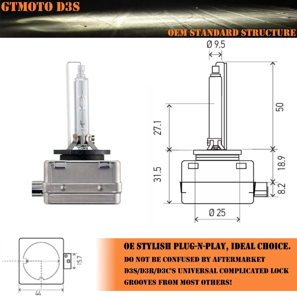 GTMOTO D3S bulb label and base detail, correct fitment assurance benefit