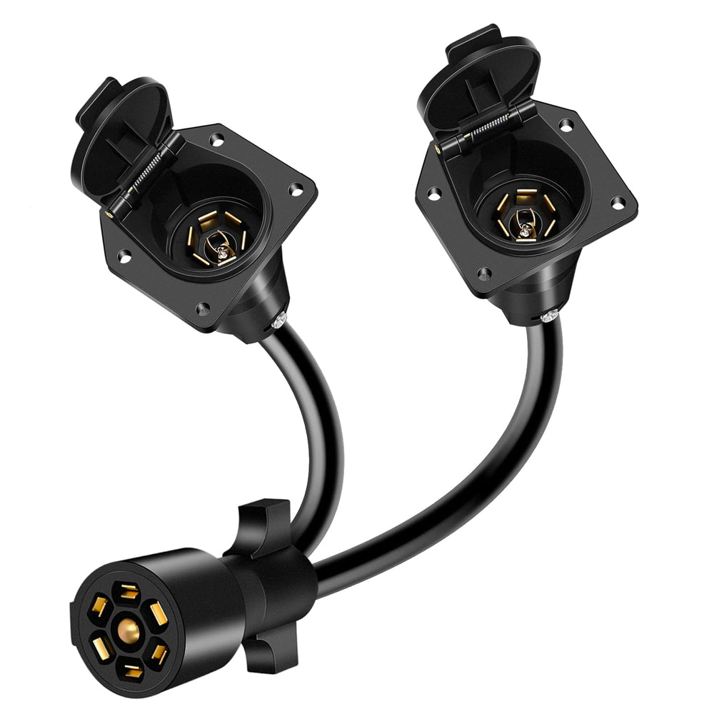 Gubrdfrsod front view showing male plug and dual female sockets for reliable splitting