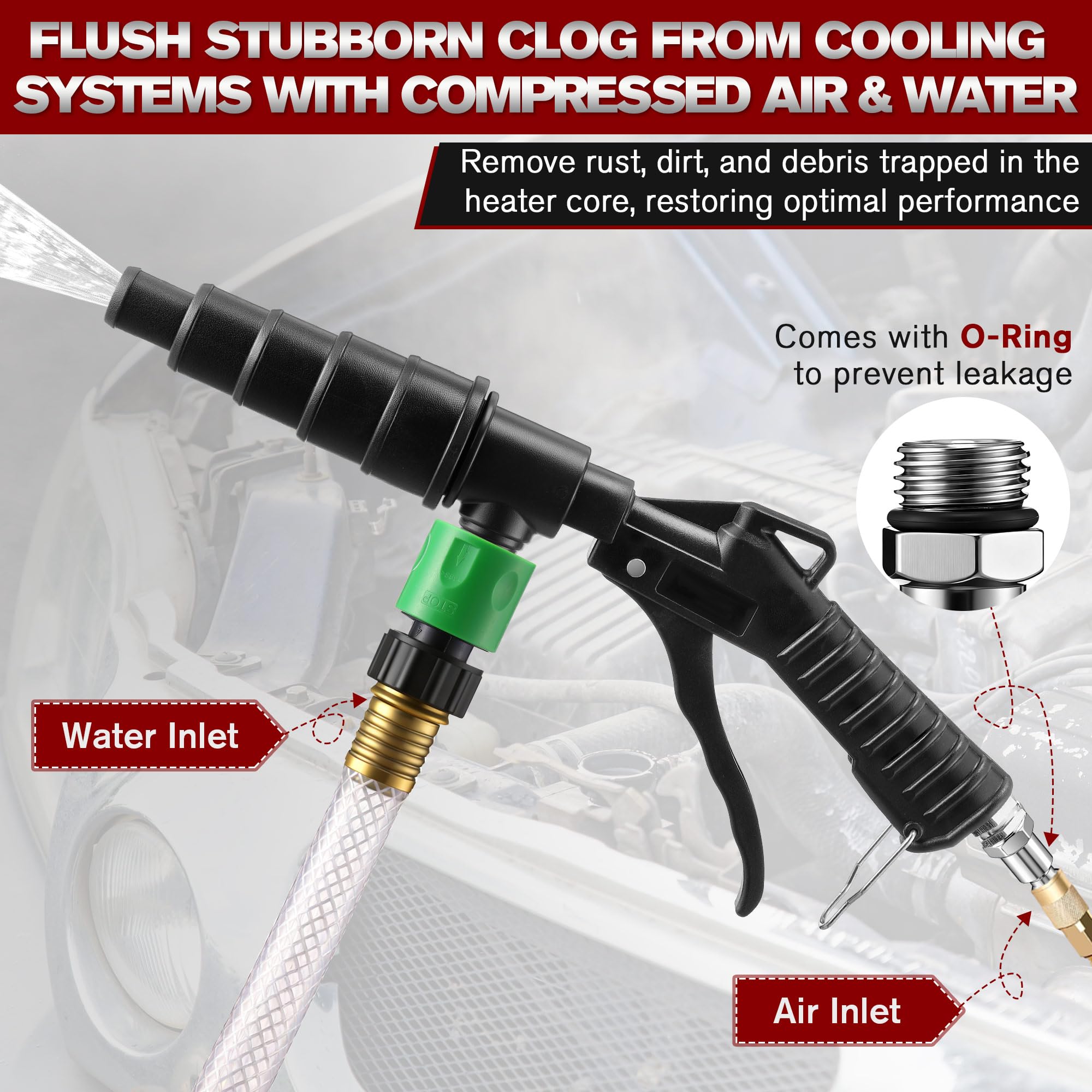 Gulfmew flush gun in use on a vehicle heater core demonstrating effective backflush