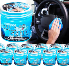 Gunk Getter jar front view showing label and blue gel, easy car-clean storage