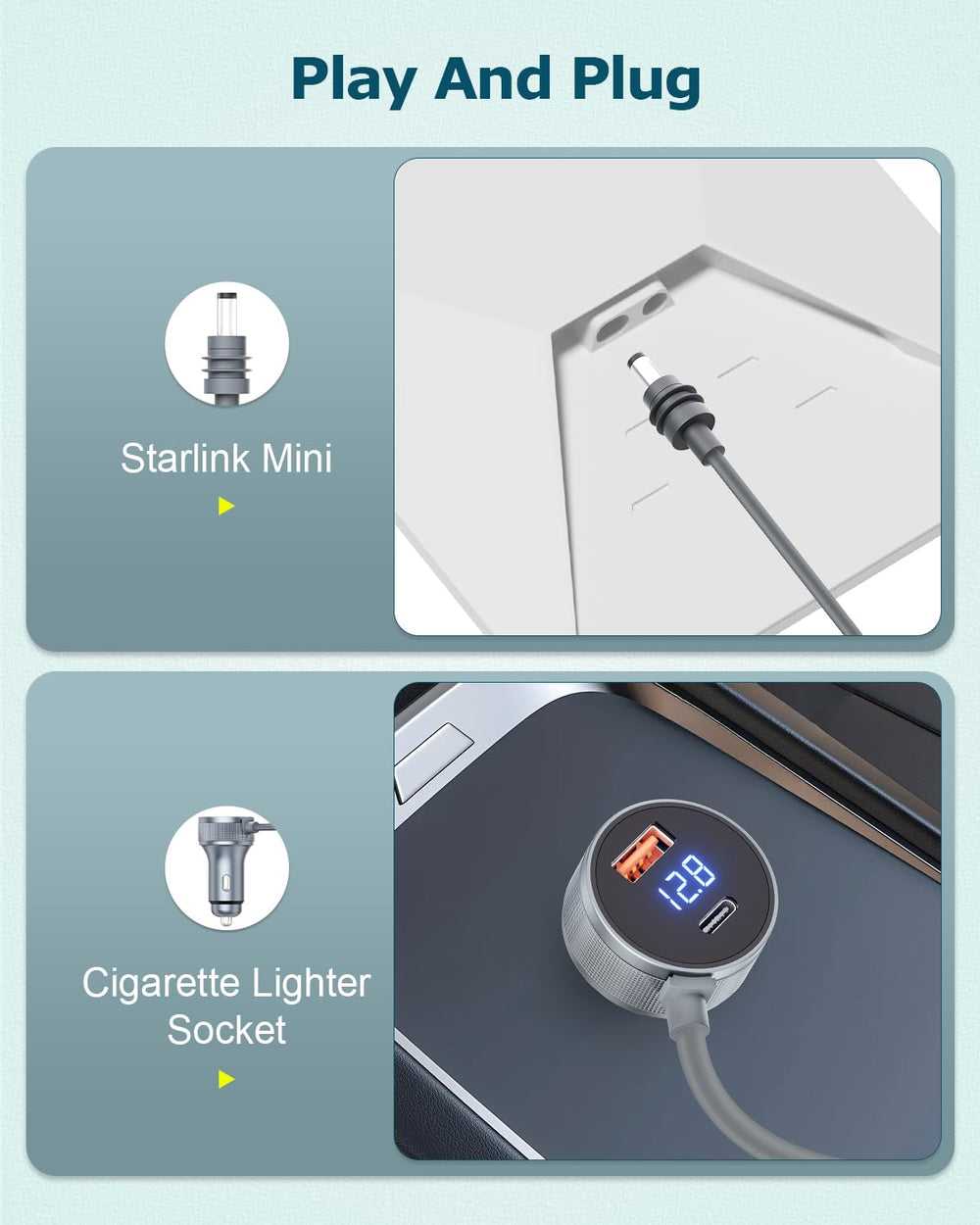 Gunovy Starlink Mini plug and 5.5x2.1mm connector ensuring secure DC connection