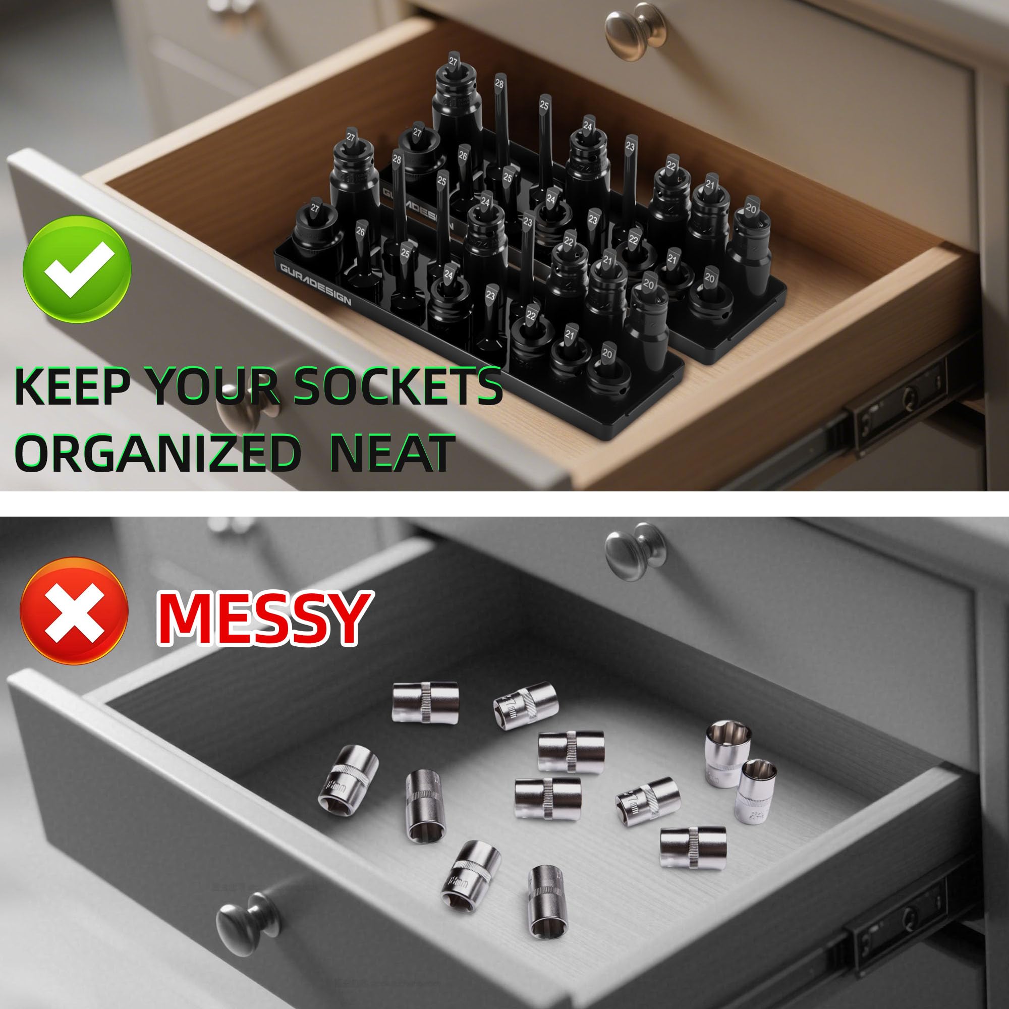 GURADESIGN organizer next to wrench for size comparison and storage planning