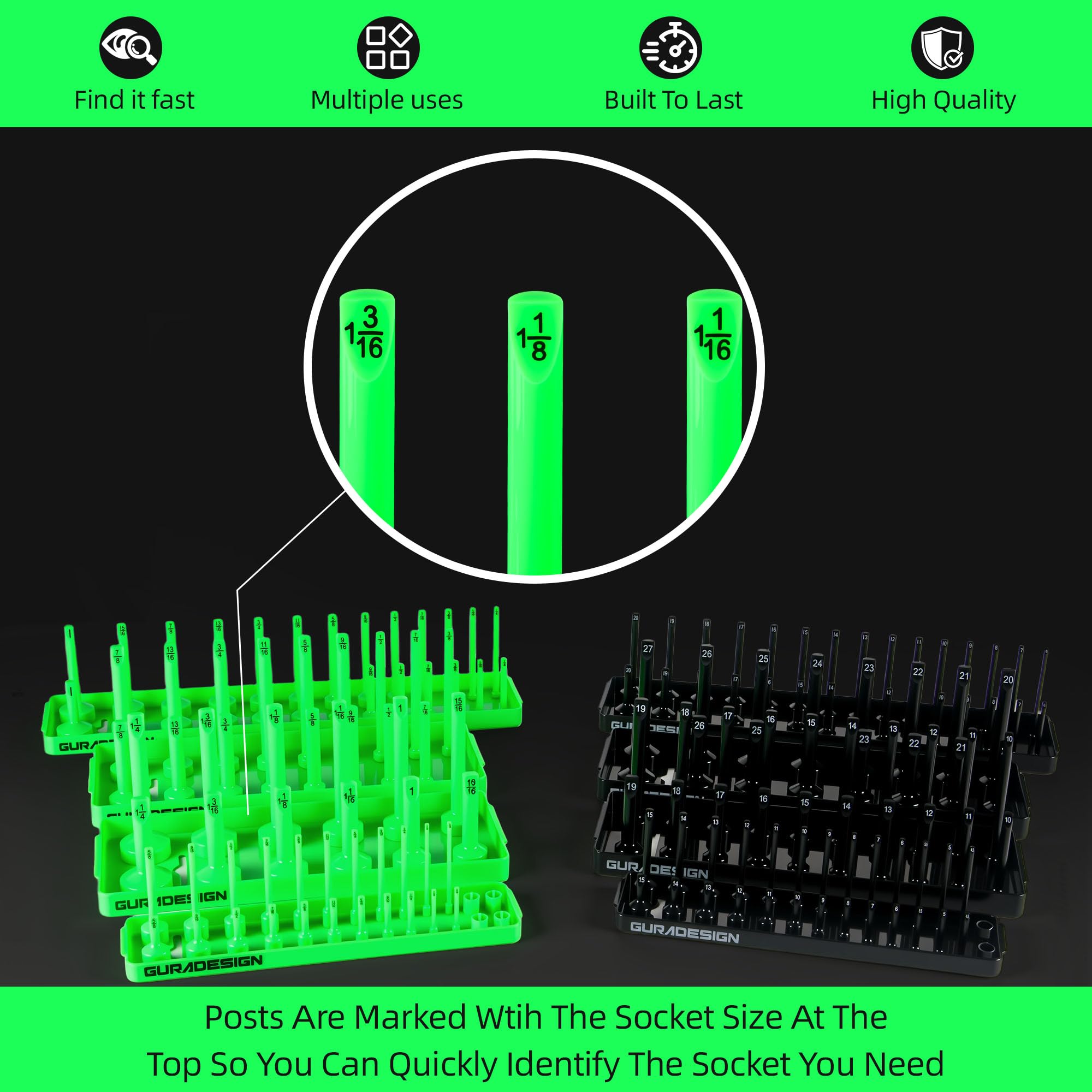 GURADESIGN 3/8" and 1/2" trays filled with sockets to reduce toolbox clutter