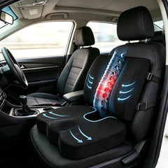 Gurnall front view of seat cushion and lumbar pillow showing ergonomic pair for comfort