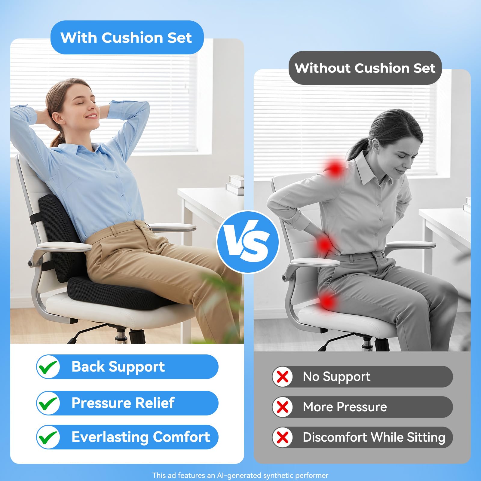 Gurnall cushions mounted on office chair demonstrating improved desk sitting comfort