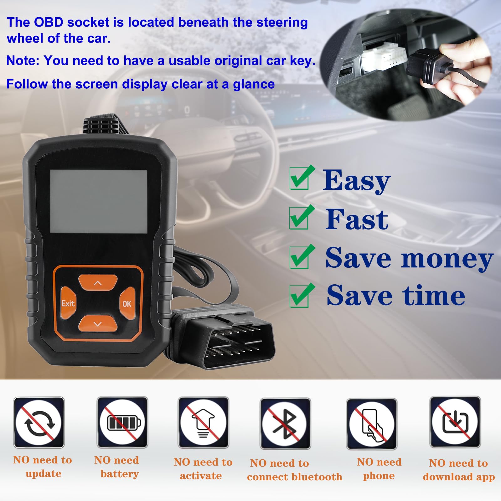 Gvolinkdpe OBD tool LCD close-up displaying prompts for quick programming