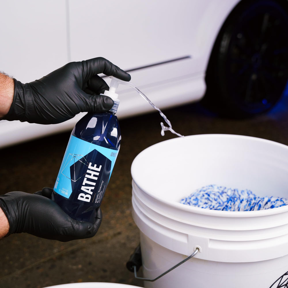 Gyeon Bathe used with wash mitt on hood, reduces risk of micro-scratches