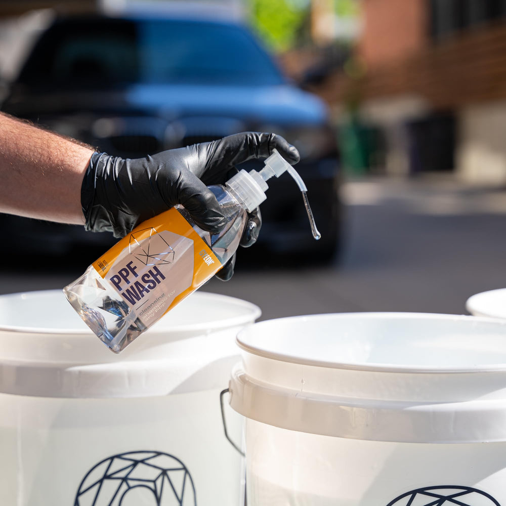 Gyeon PPF Wash label close-up highlighting safe-for-PPF formulation benefits