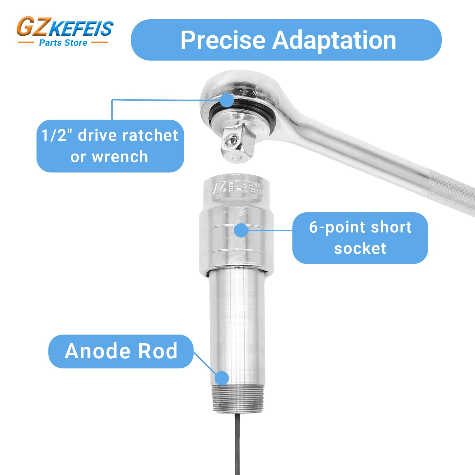 GZKEFEIS sockets engaged on a water heater anode illustrating secure, leak-safe installation
