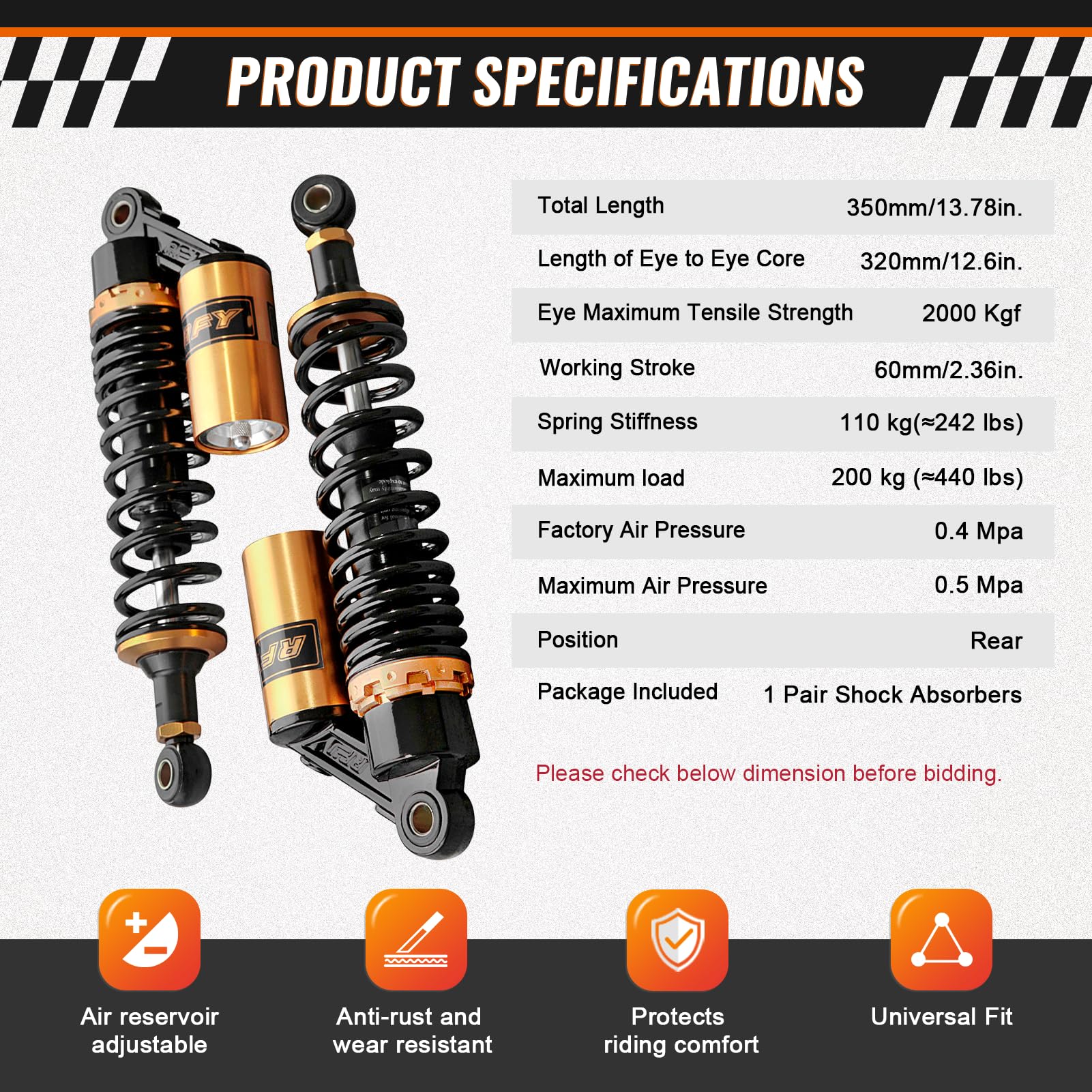 GZYF rear shock next to ruler showing 12.6 inch eye-to-eye measurement