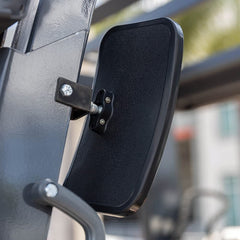 Hacus mirror installed on a forklift demonstrating wider rear visibility for safer operation