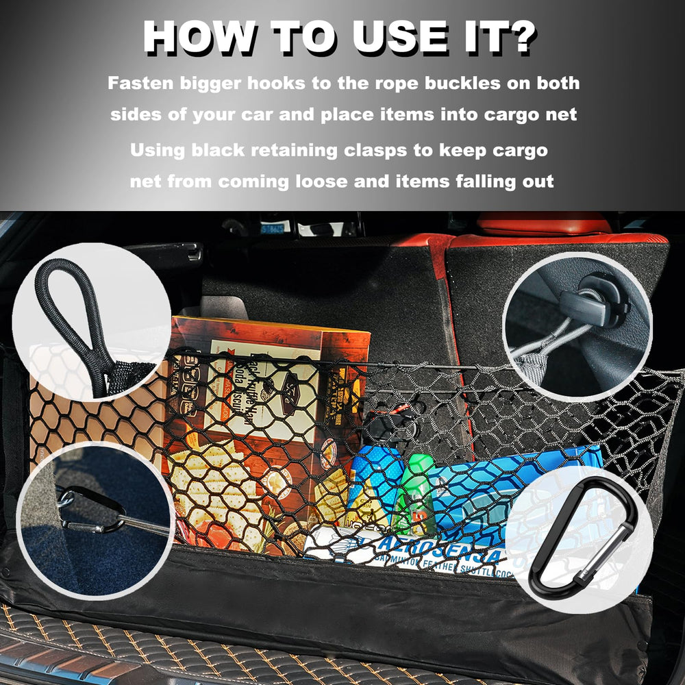 Hacyikee cargo net in a road trip trunk scene organizing luggage benefit