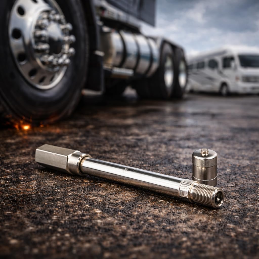 Haltec mounted on truck dual wheel showing faster valve access