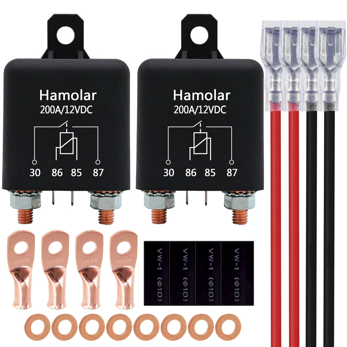Hamolar front view of the 12V 200A relay pack showing robust build and connectors, reliable switching
