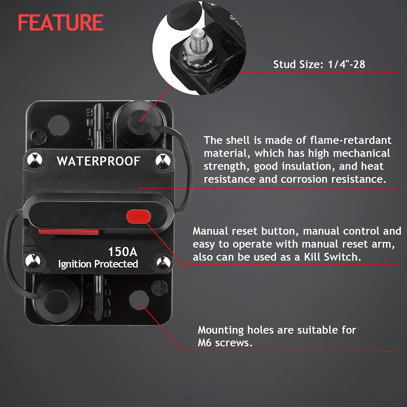 Hamolar breaker mounted beside car battery protecting audio system and preventing overloads