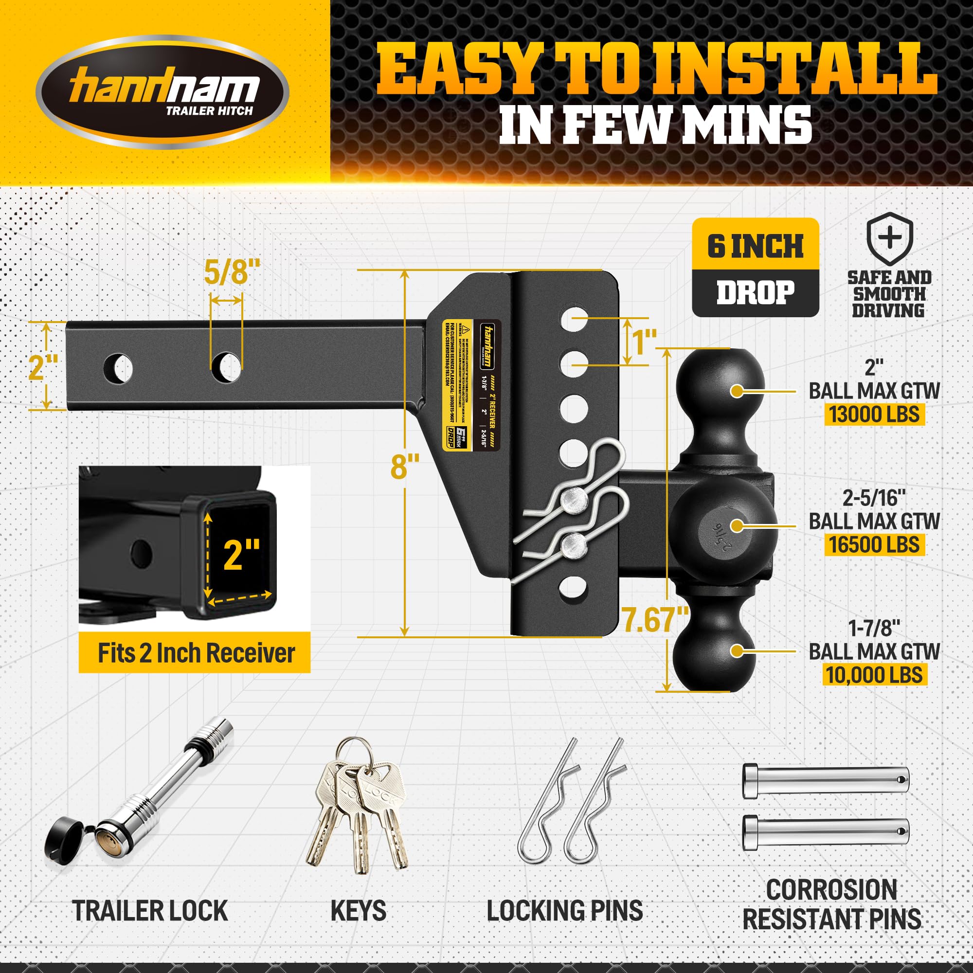 Handnam dual locking pins and receiver lock providing anti-theft protection
